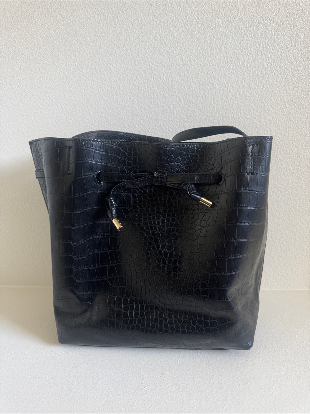 H&M Black Croc-Embossed Drawstring Tote